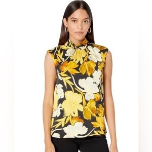 MILLY Riley Paper Peony Print  Mock Neck Sleeveless Top, Yellow/Black, NEW, L
